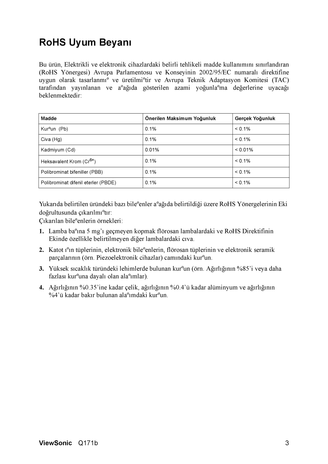ViewSonic Q171B manual RoHS Uyum Beyanı, Madde Önerilen Maksimum Yoğunluk Gerçek Yoğunluk 