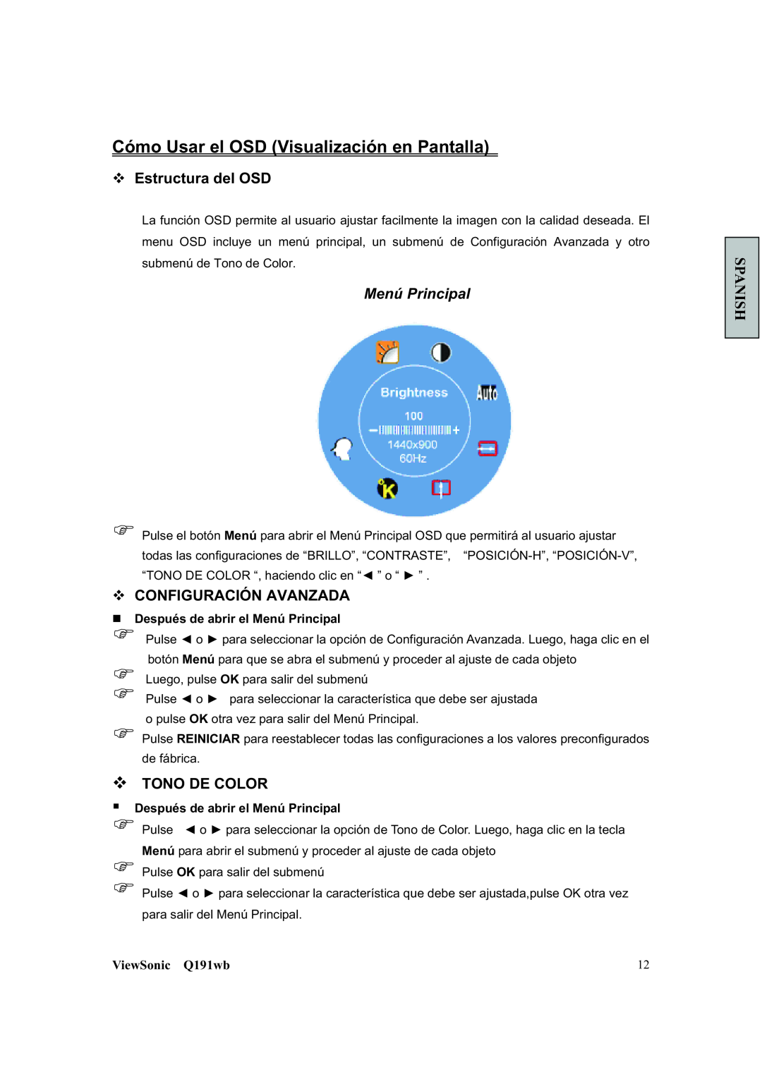 ViewSonic Q191WB manual Cómo Usar el OSD Visualización en Pantalla, ™ Estructura del OSD, Menú Principal, ™ Tono De Color 