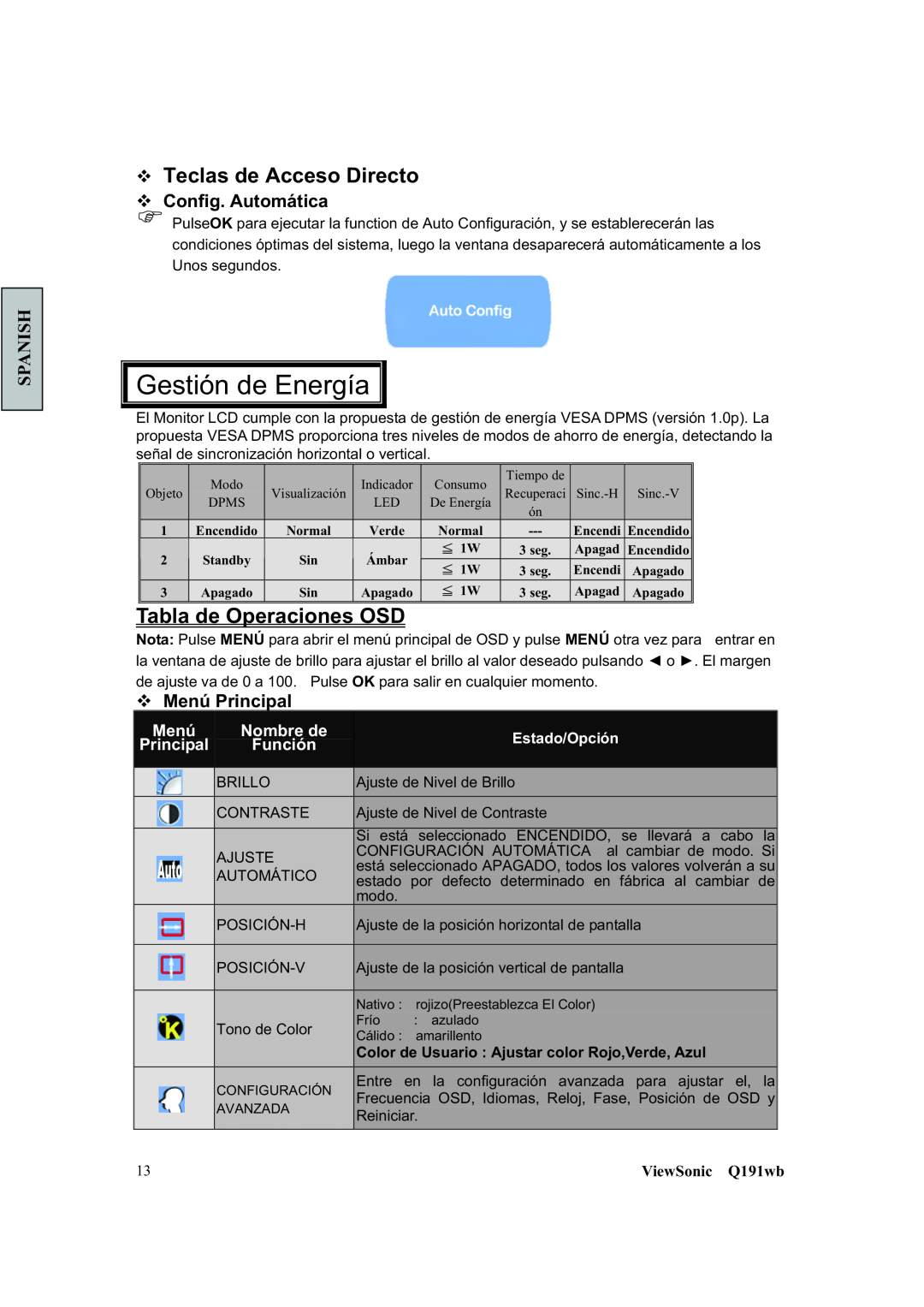 ViewSonic Q191WB Tabla de Operaciones OSD, ™ Teclas de Acceso Directo ™ Config. Automática, ™ Menú Principal, Spanish 