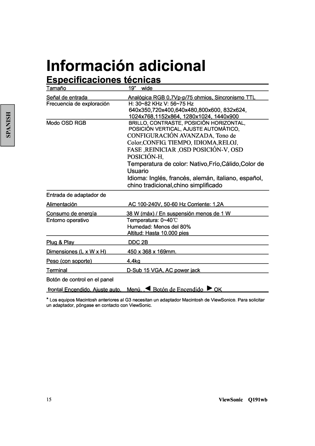 ViewSonic Q191WB manual Información adicional, Especificaciones técnicas, Spanish, ViewSonic Q191wb 