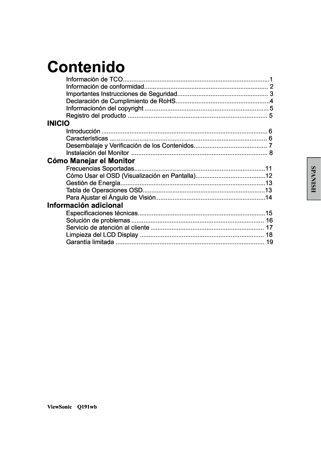 ViewSonic Q191WB manual Contenido, Inicio, Cómo Manejar el Monitor, Información adicional, Spanish 