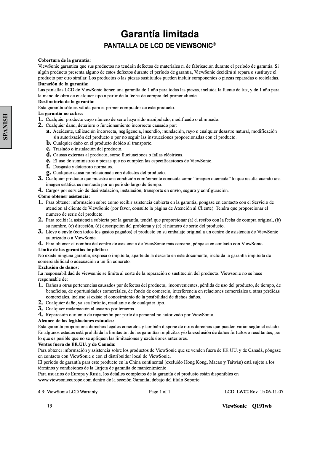 ViewSonic Q191WB manual Pantalla De Lcd De Viewsonic, Garantía limitada, Spanish, ViewSonic Q191wb 