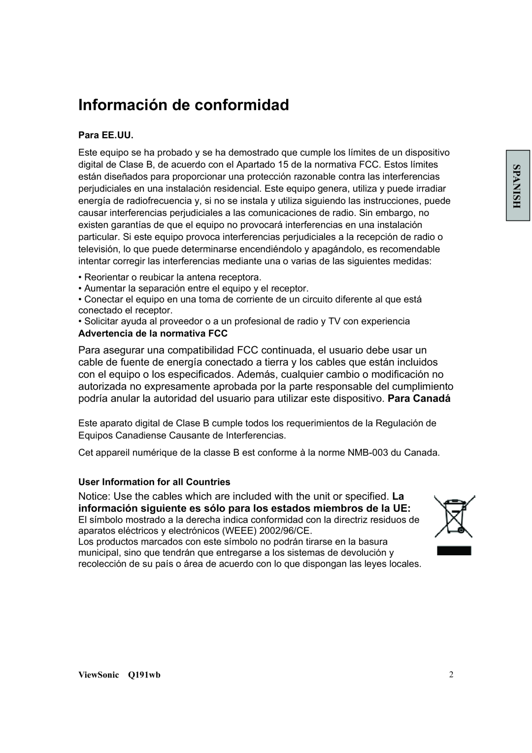 ViewSonic Q191WB manual Información de conformidad, Spanish, Para EE.UU, Advertencia de la normativa FCC, ViewSonic Q191wb 