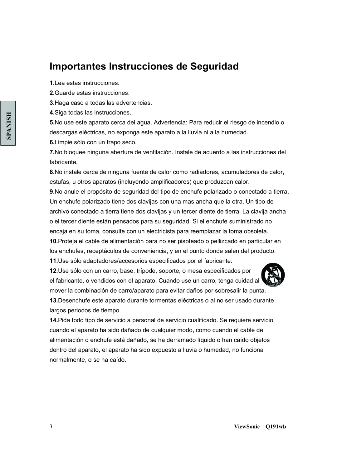 ViewSonic Q191WB manual Importantes Instrucciones de Seguridad, Spanish, ViewSonic Q191wb 