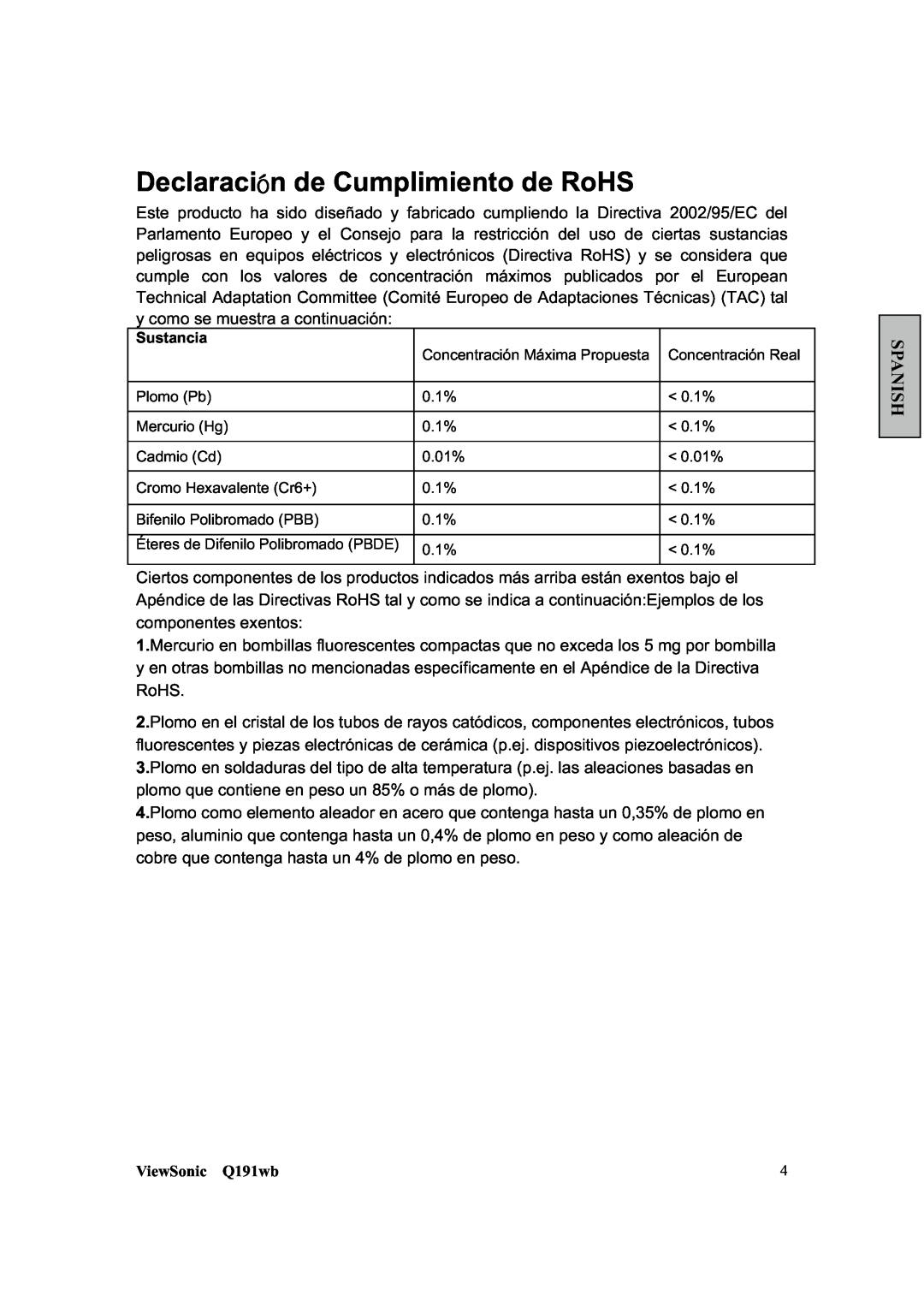 ViewSonic Q191WB manual DeclaraciΆn de Cumplimiento de RoHS, Spanish, ViewSonic Q191wb, Sustancia 