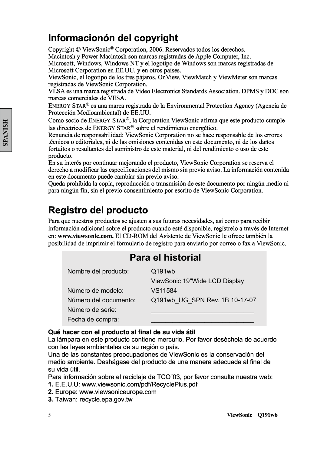 ViewSonic Q191WB manual Informacionón del copyright, Registro del producto, Para el historial, Spanish 