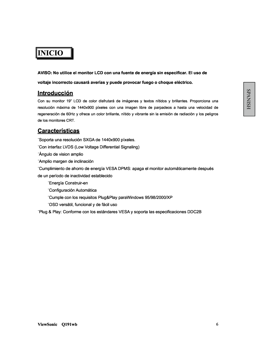 ViewSonic Q191WB manual Introducción, Características, Inicio, ViewSonic Q191wb 