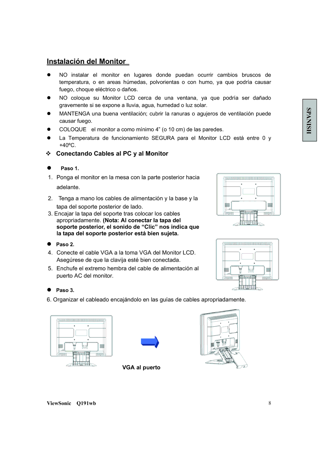 ViewSonic Q191WB manual Instalación del Monitor, ™ Conectando Cables al PC y al Monitor, Paso 