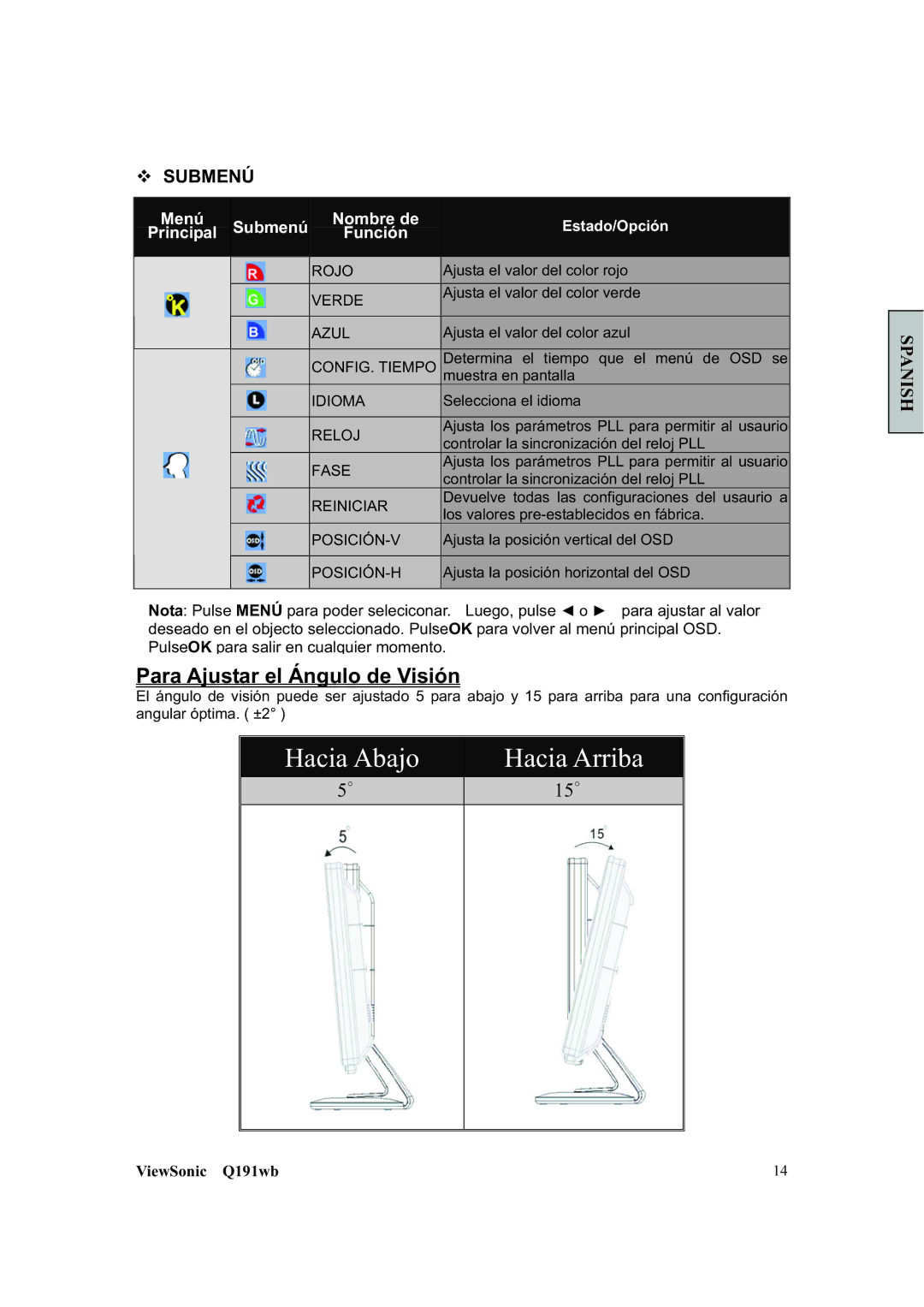 ViewSonic Q191WB manual Para Ajustar el Ángulo de Visión, ™ Submenú 