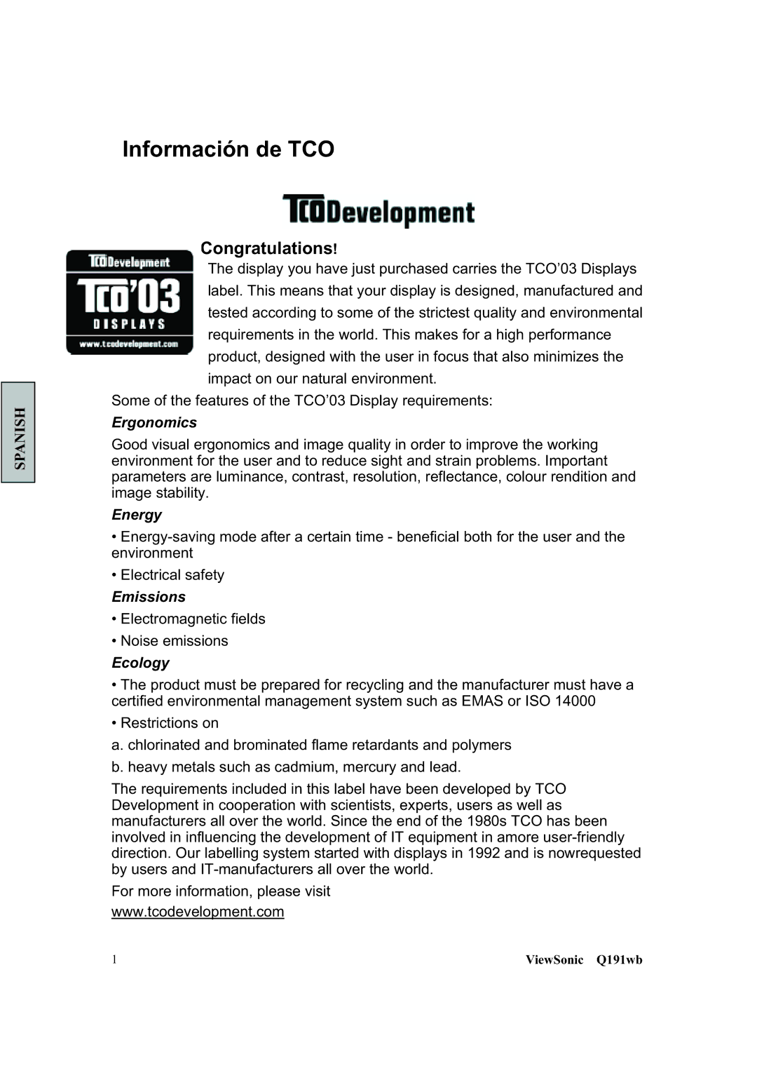 ViewSonic Q191WB manual Información de TCO, Congratulations 