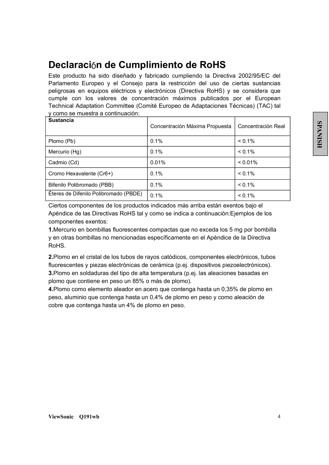 ViewSonic Q191WB manual DeclaraciΆn de Cumplimiento de RoHS, Sustancia 