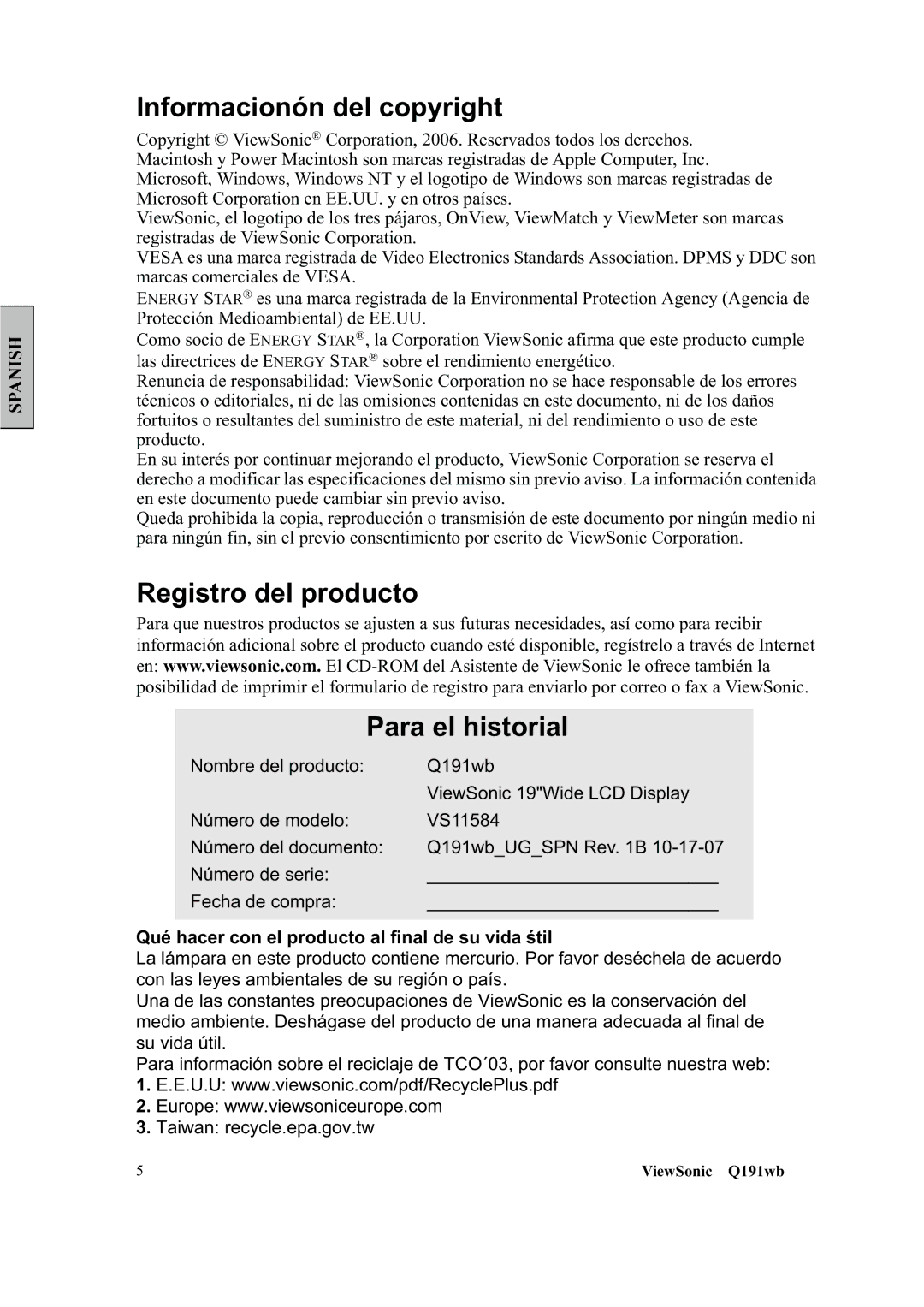 ViewSonic Q191WB manual Informacionón del copyright, Registro del producto Para el historial 