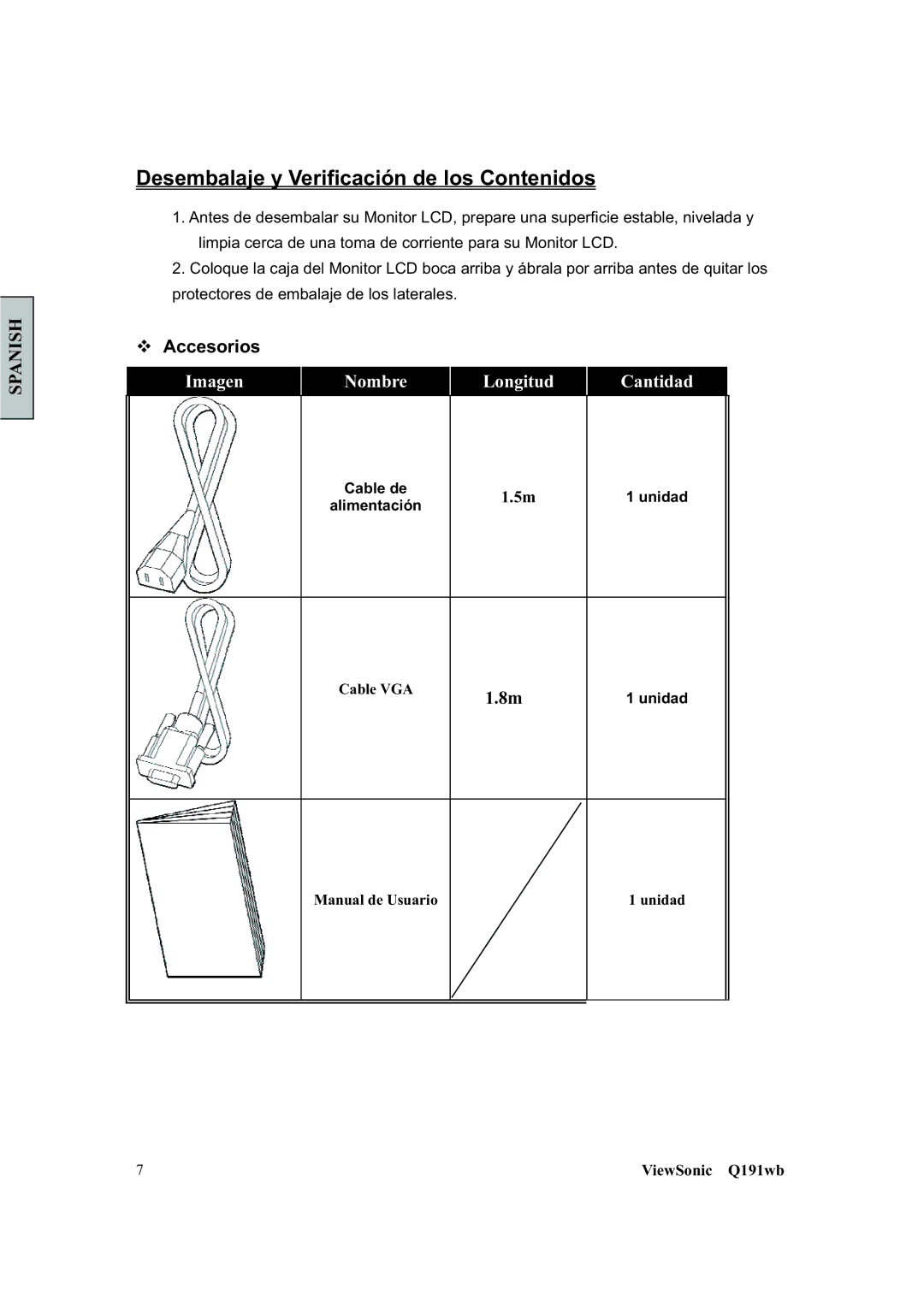 ViewSonic Q191WB manual Desembalaje y Verificación de los Contenidos, ™ Accesorios 