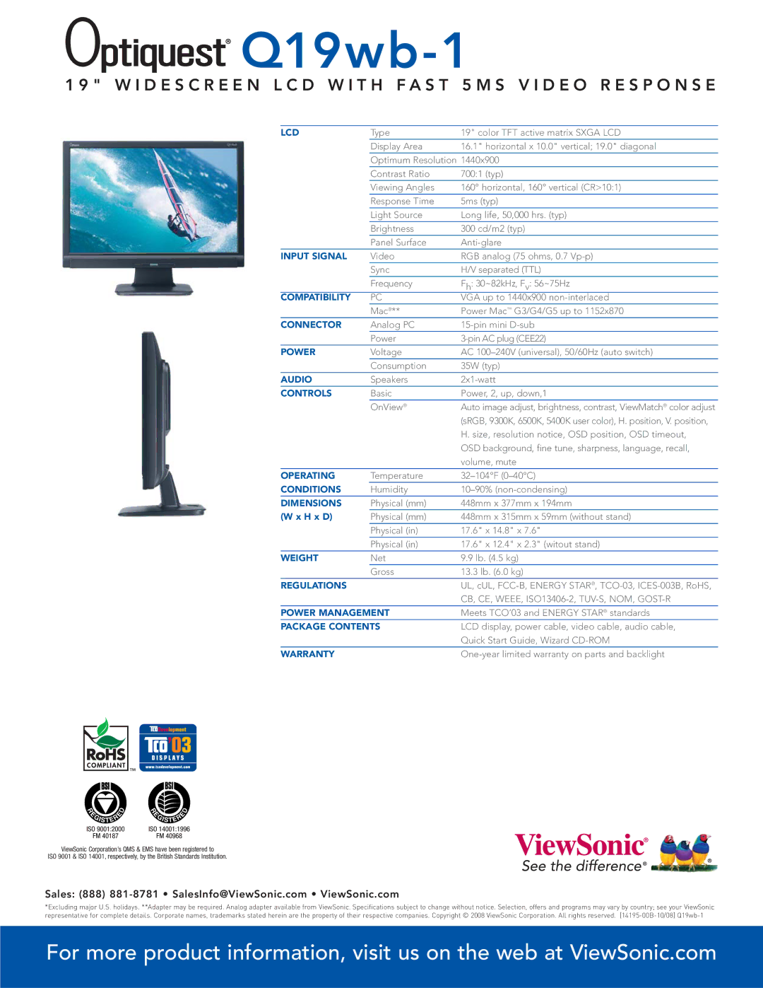 ViewSonic Q19wb-1 Lcd, Input Signal, Compatibility, Connector, Power, Audio, Controls, Operating, Conditions, Dimensions 