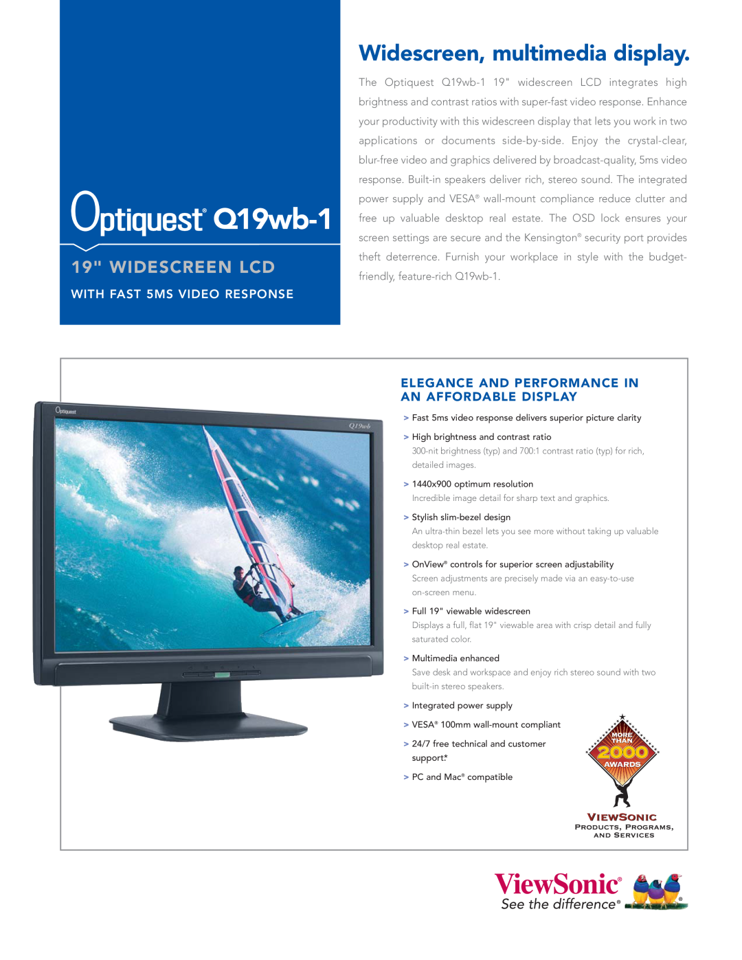 ViewSonic Q19wb-1 manual Widescreen, multimedia display, Widescreen Lcd, Elegance And Performance In An Affordable Display 