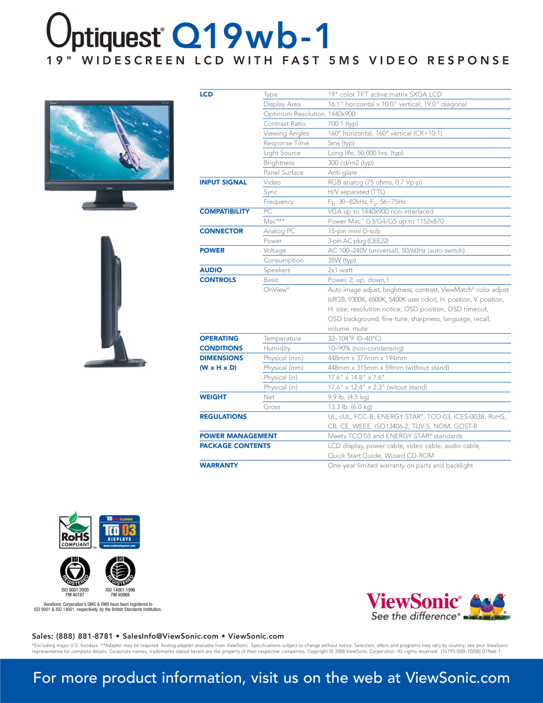 ViewSonic Q19wb-1 manual For more product information, visit us on the web at ViewSonic.com 