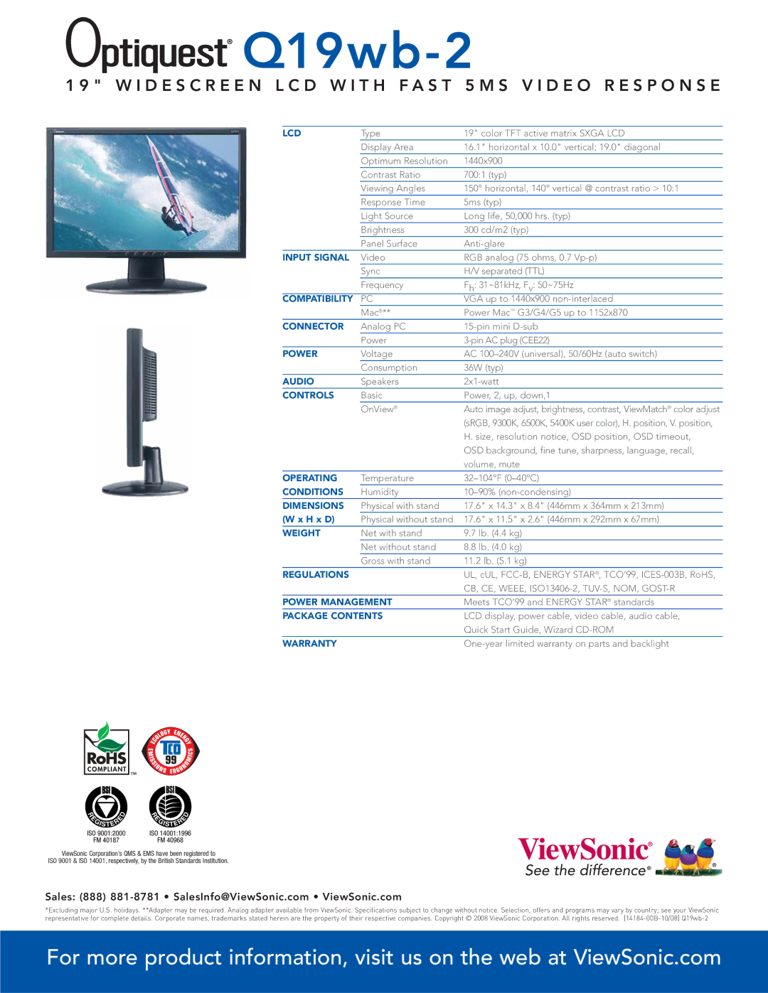 ViewSonic Q19wb-2 Lcd, Input Signal, Compatibility, Connector, Power, Audio, Controls, Operating, Conditions, Dimensions 