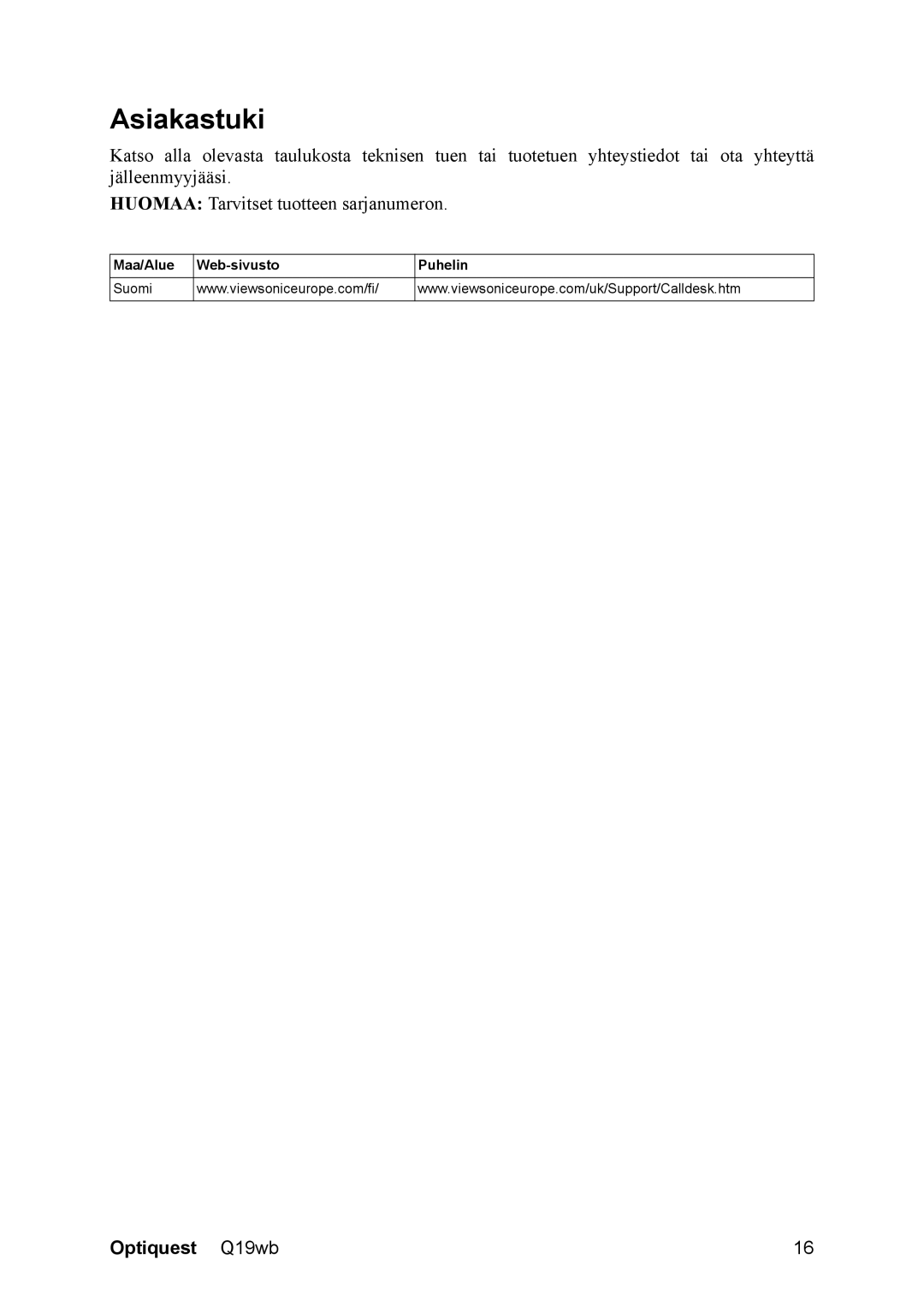 ViewSonic VS11443, Q19wb manual Asiakastuki 