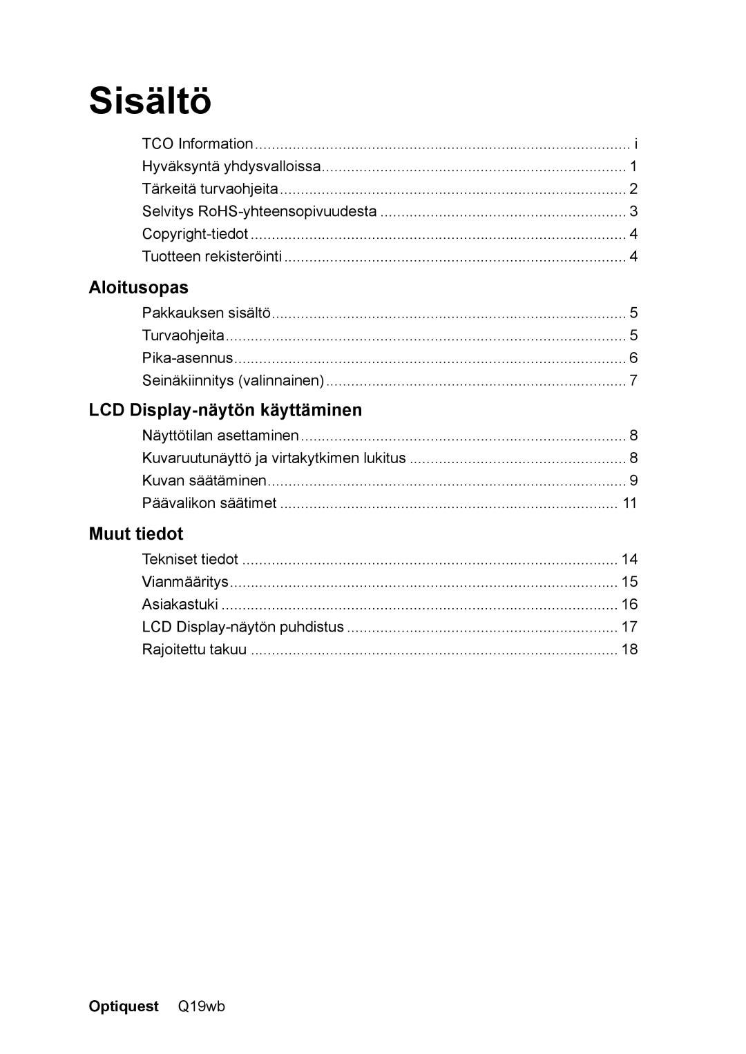 ViewSonic VS11443 manual Sisältö, Optiquest Q19wb 