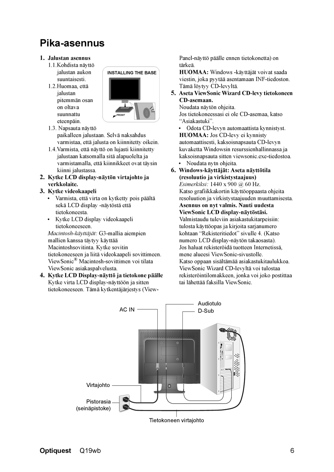 ViewSonic VS11443, Q19wb manual Pika-asennus, Jalustan asennus 