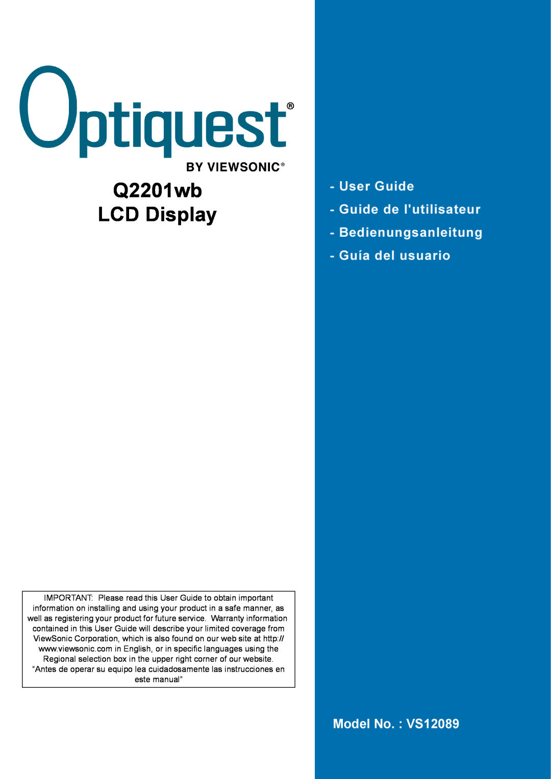 ViewSonic Q2201WB warranty Q2201wb LCD Display, Model No. VS12089 