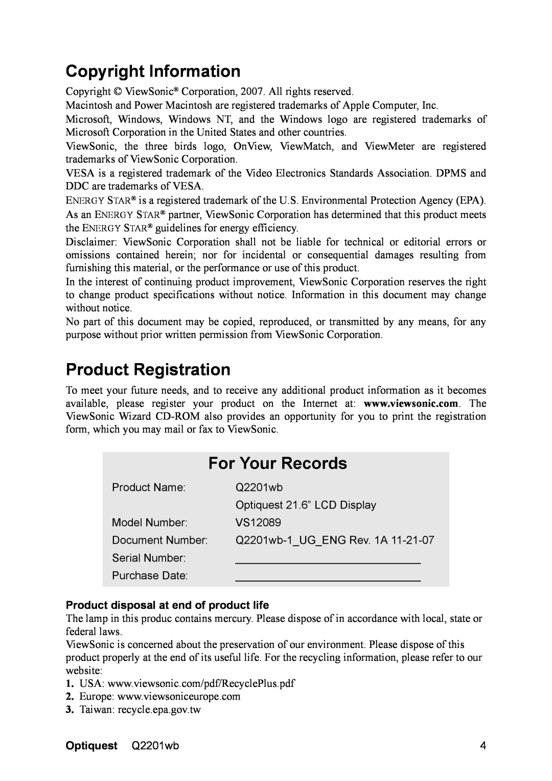 ViewSonic Q2201WB Copyright Information, Product Registration, For Your Records, Product disposal at end of product life 