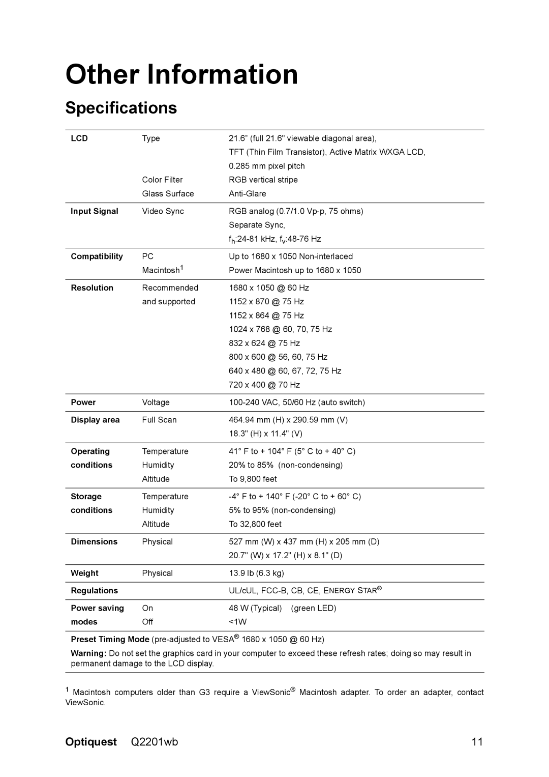 ViewSonic Q2201WB warranty Other Information, Specifications 