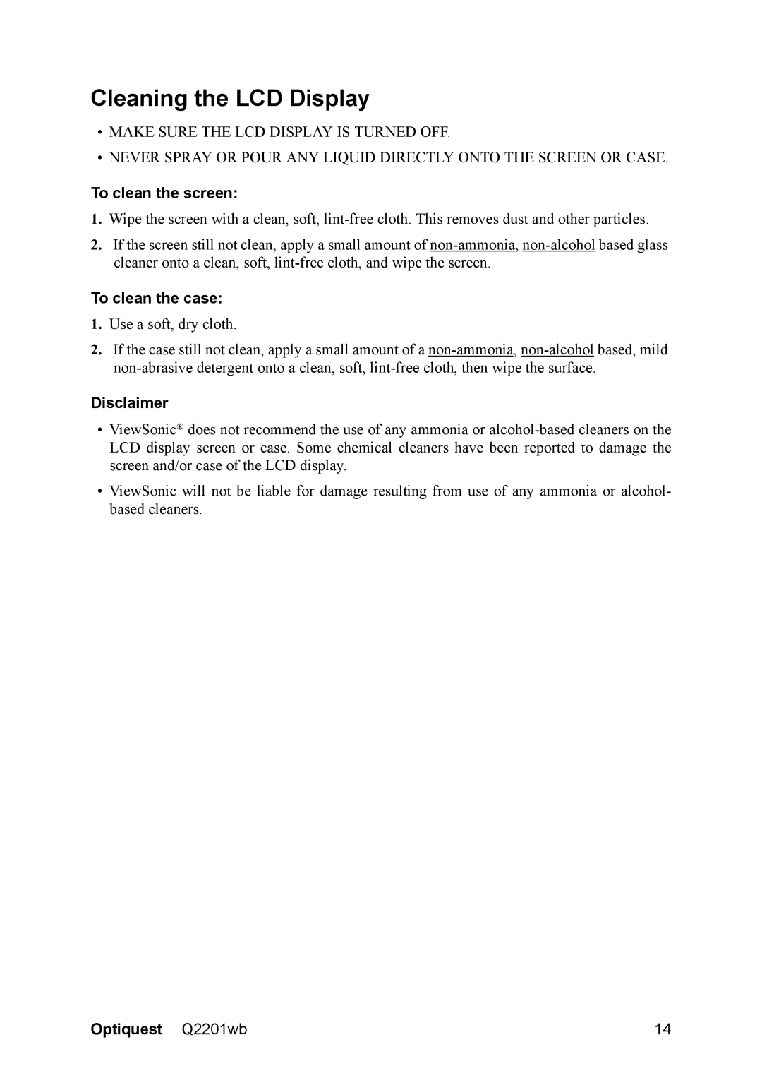 ViewSonic Q2201WB warranty Cleaning the LCD Display, To clean the screen, To clean the case, Disclaimer 