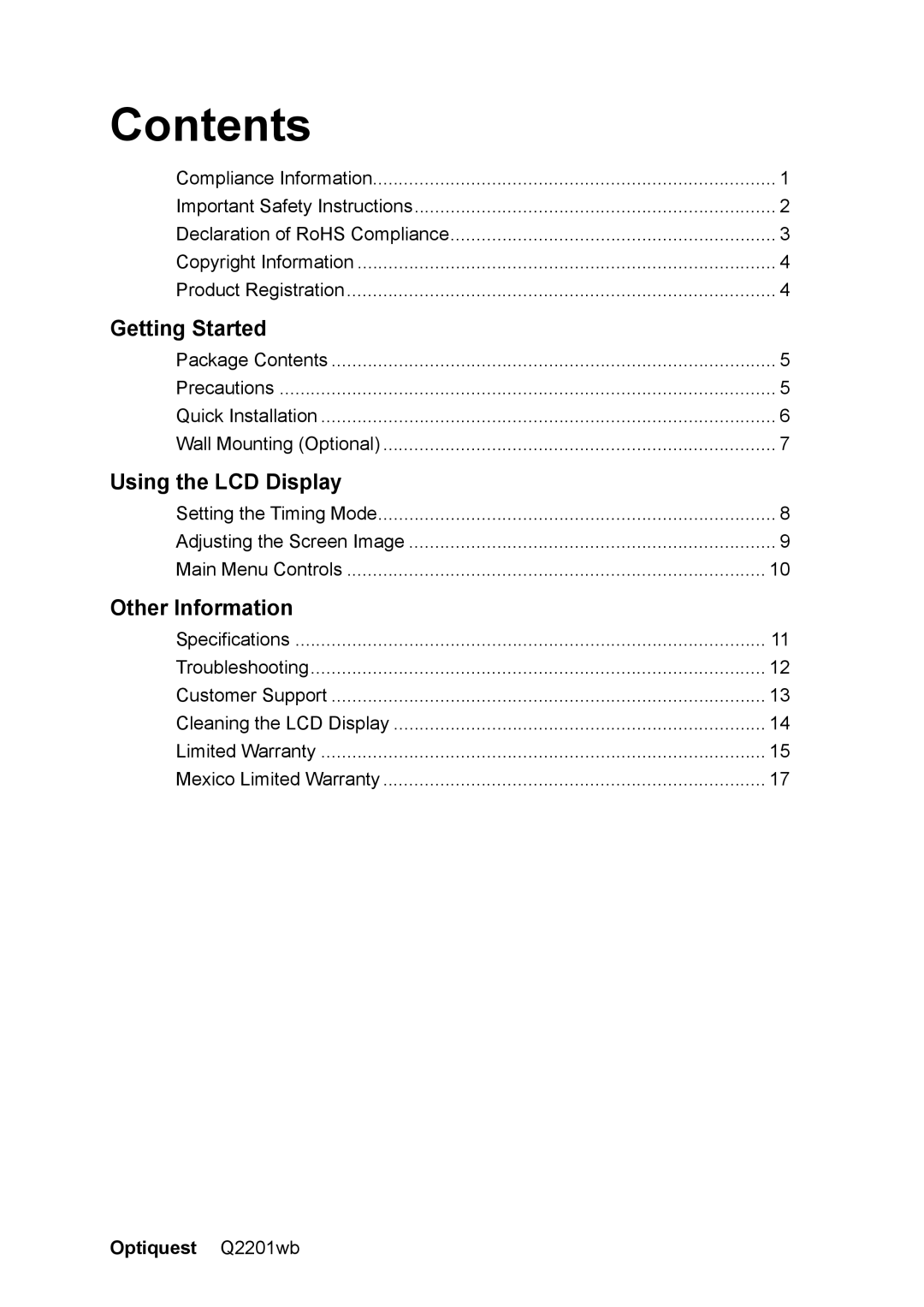 ViewSonic Q2201WB warranty Contents 