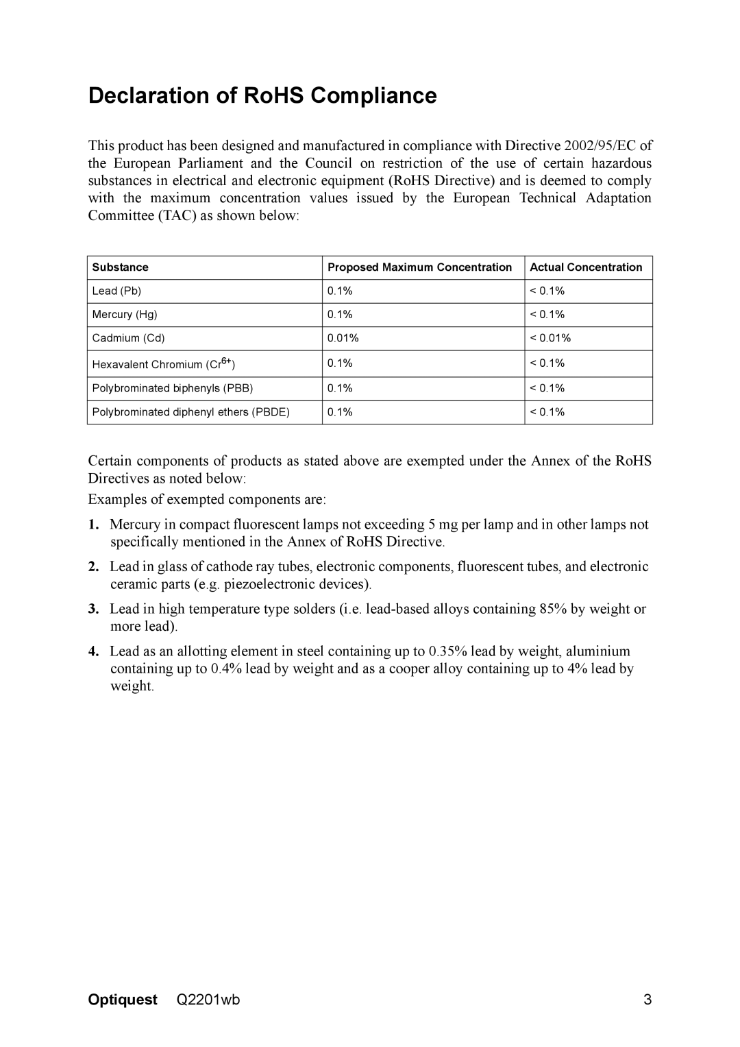 ViewSonic Q2201WB warranty Declaration of RoHS Compliance 