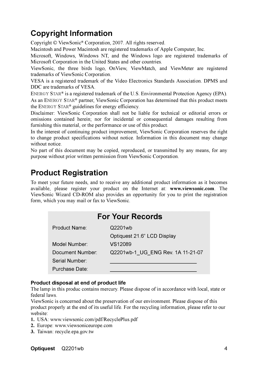 ViewSonic Q2201WB Copyright Information, Product Registration For Your Records, Product disposal at end of product life 