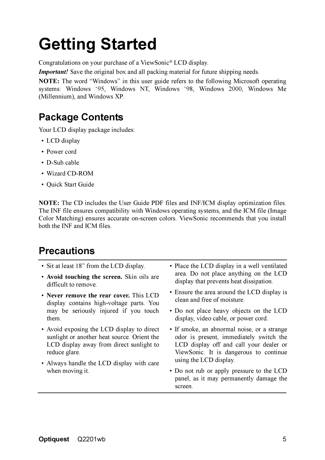 ViewSonic Q2201WB warranty Getting Started, Package Contents, Precautions 