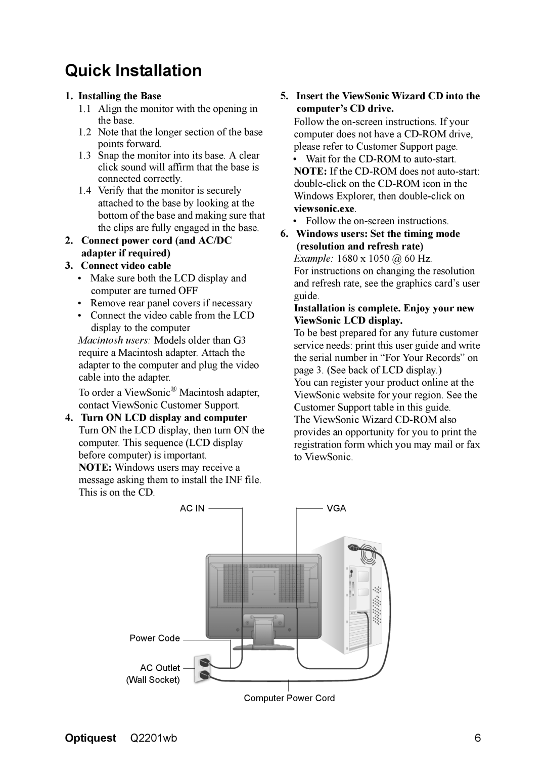 ViewSonic Q2201WB warranty Quick Installation, Installing the Base 