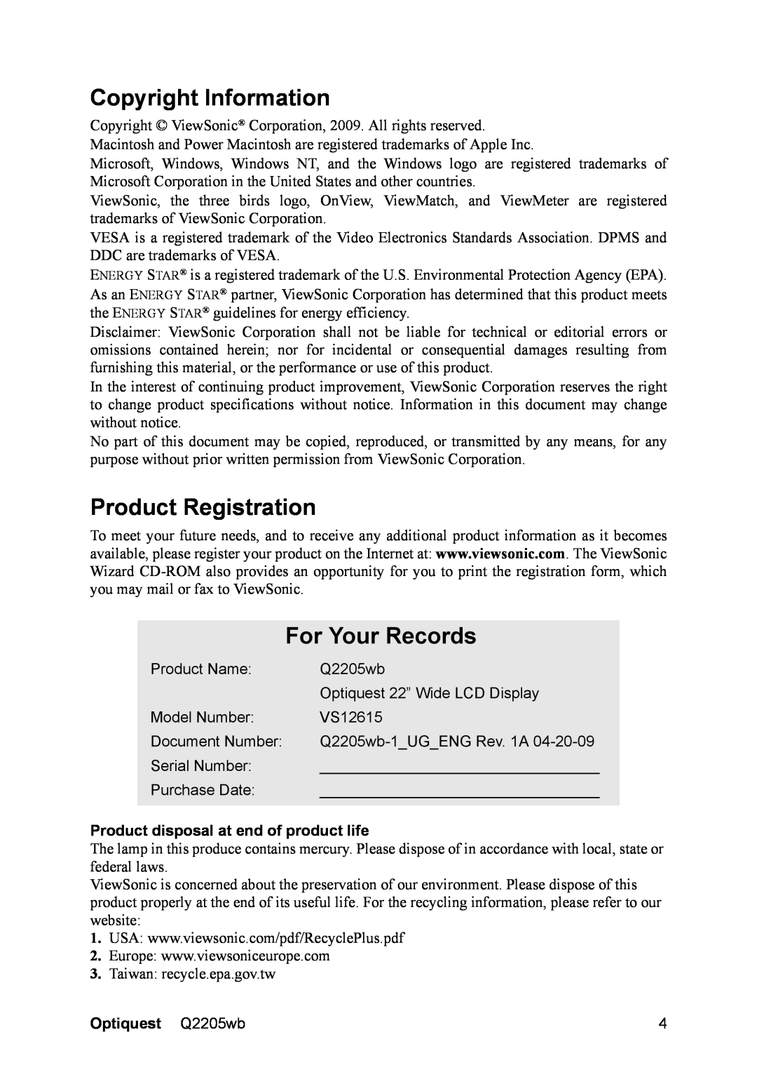 ViewSonic Q2205WB Copyright Information, Product Registration, For Your Records, Product disposal at end of product life 