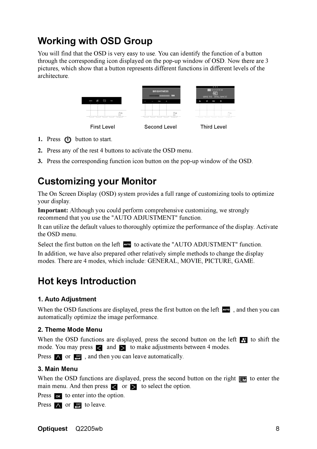 ViewSonic Q2205WB warranty Working with OSD Group, Customizing your Monitor, Hot keys Introduction 