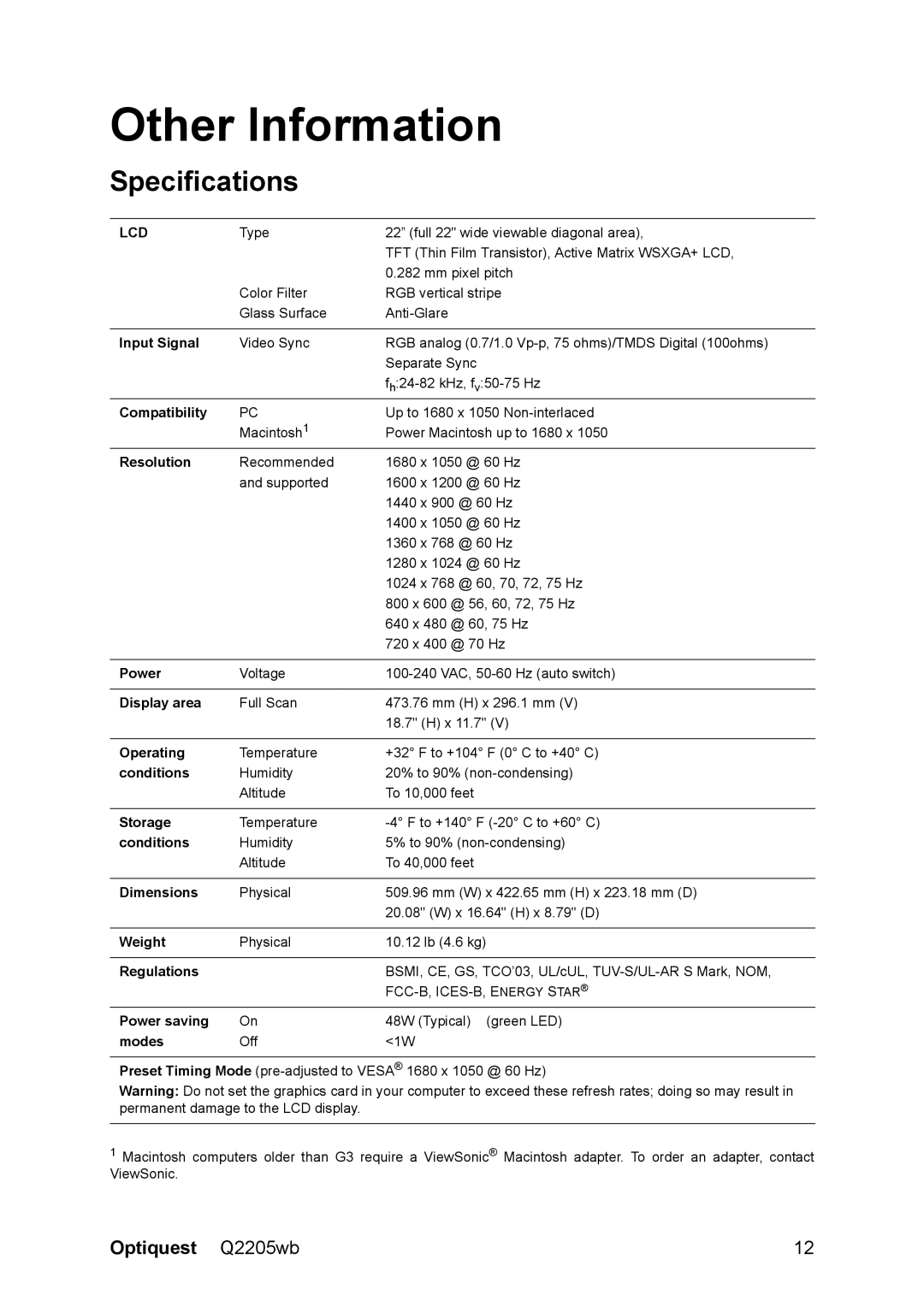 ViewSonic Q2205WB warranty Other Information, Specifications 