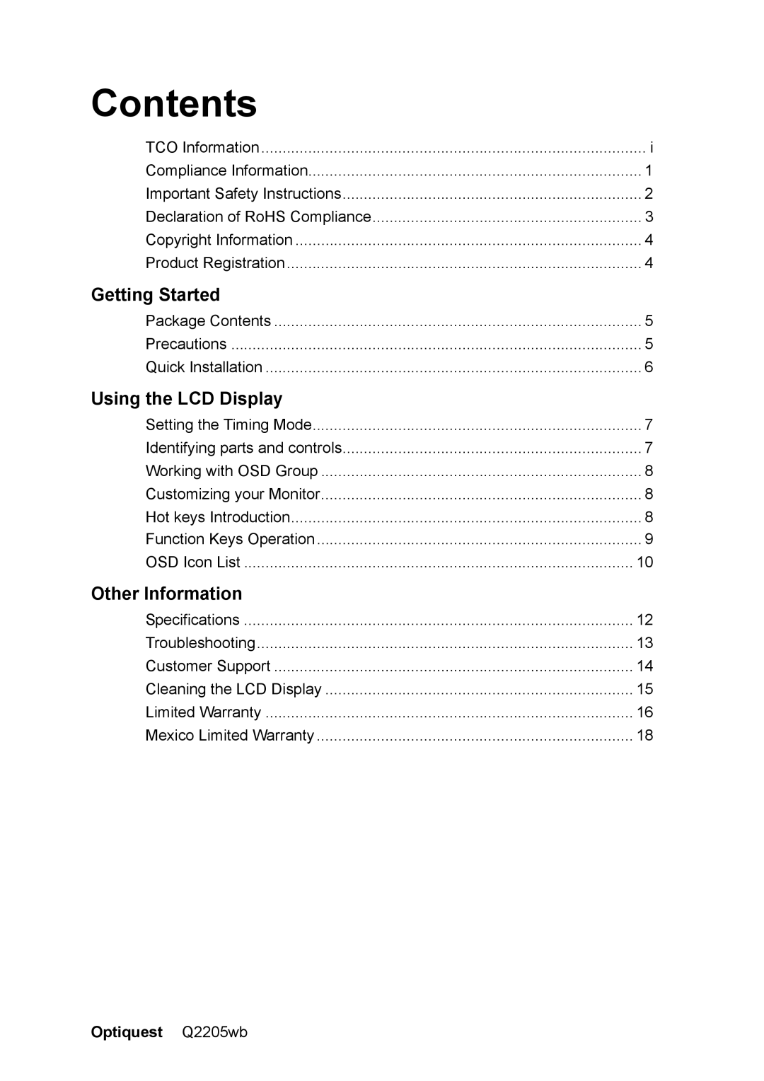 ViewSonic Q2205WB warranty Contents 