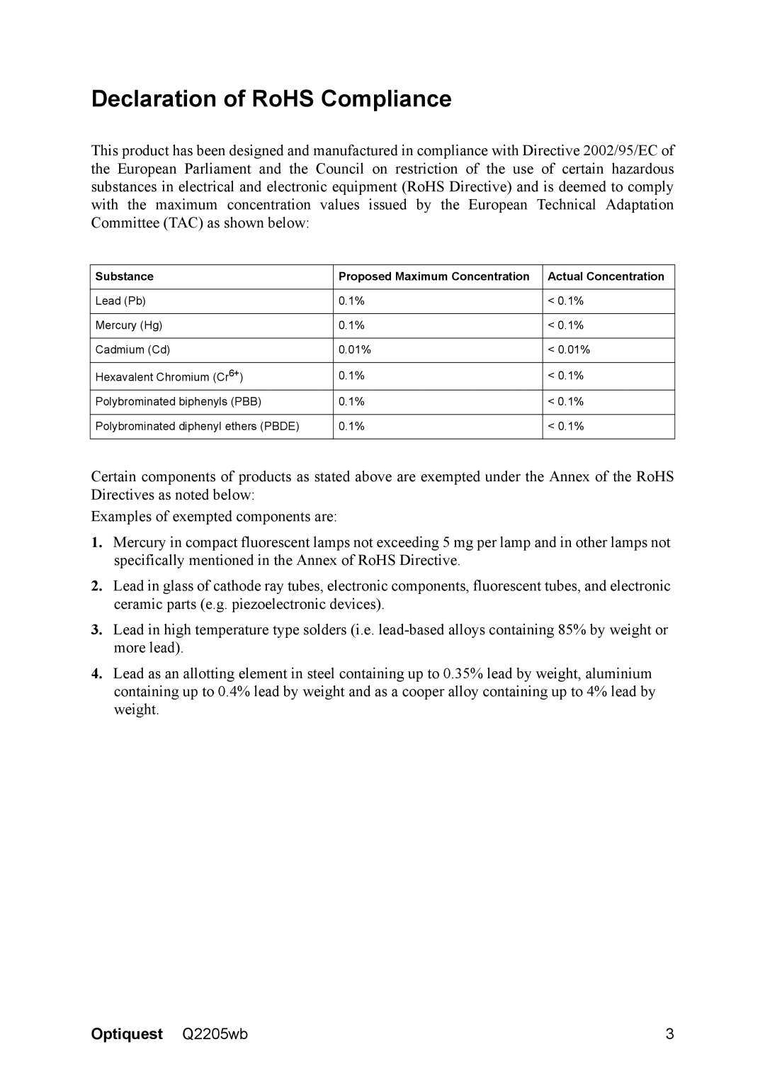 ViewSonic Q2205WB warranty Declaration of RoHS Compliance 