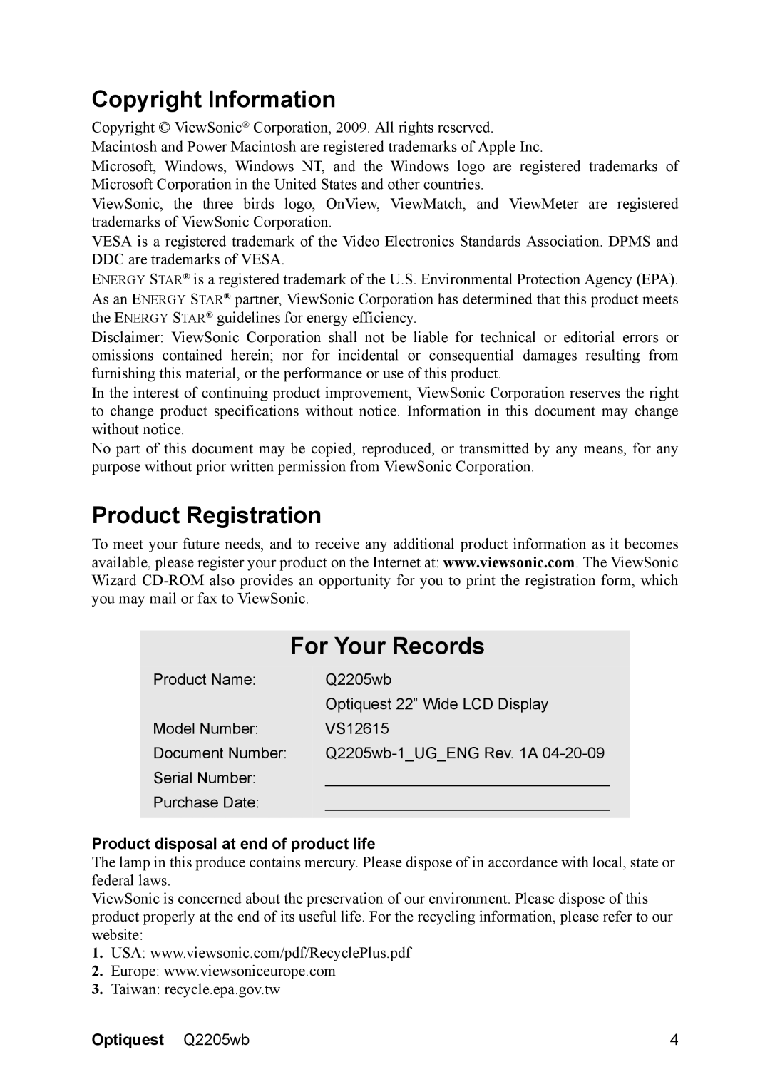 ViewSonic Q2205WB Copyright Information, Product Registration For Your Records, Product disposal at end of product life 