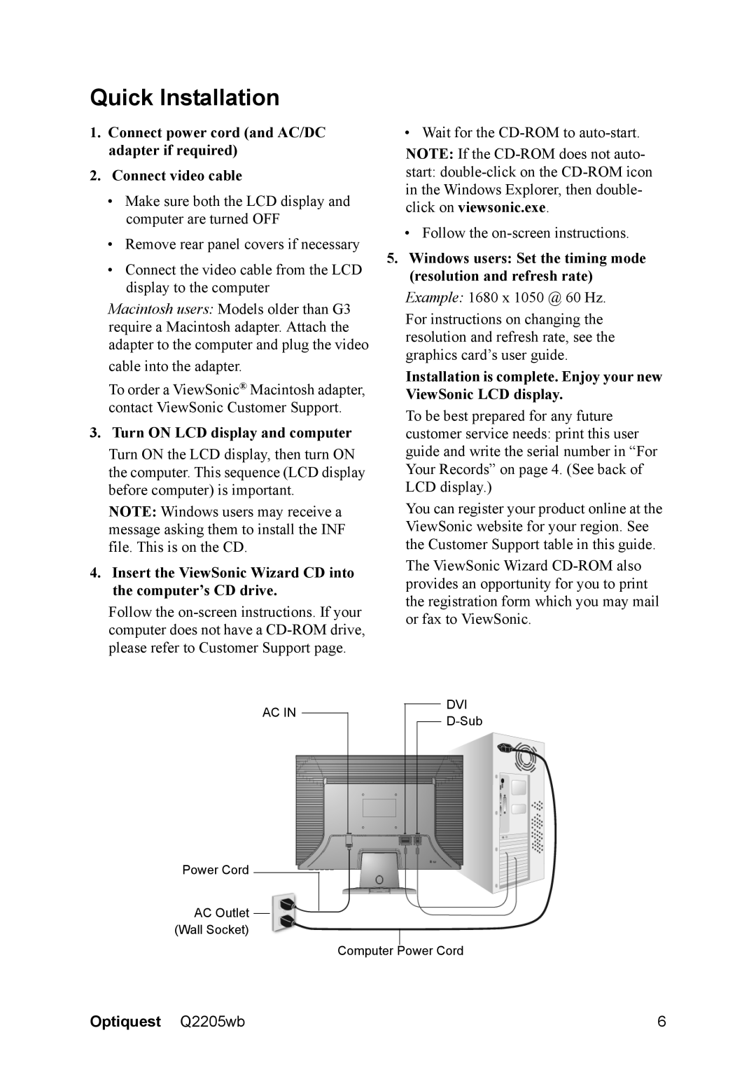 ViewSonic Q2205WB warranty Quick Installation, Turn on LCD display and computer 