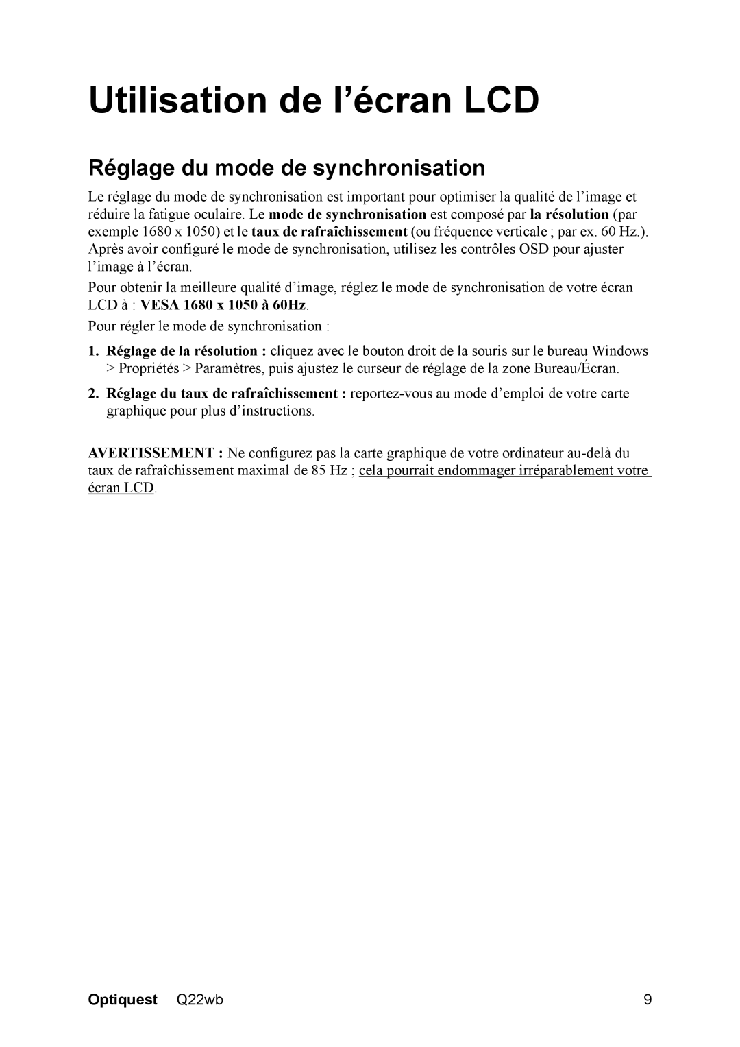 ViewSonic Q22WB manual Utilisation de l’écran LCD, Réglage du mode de synchronisation 