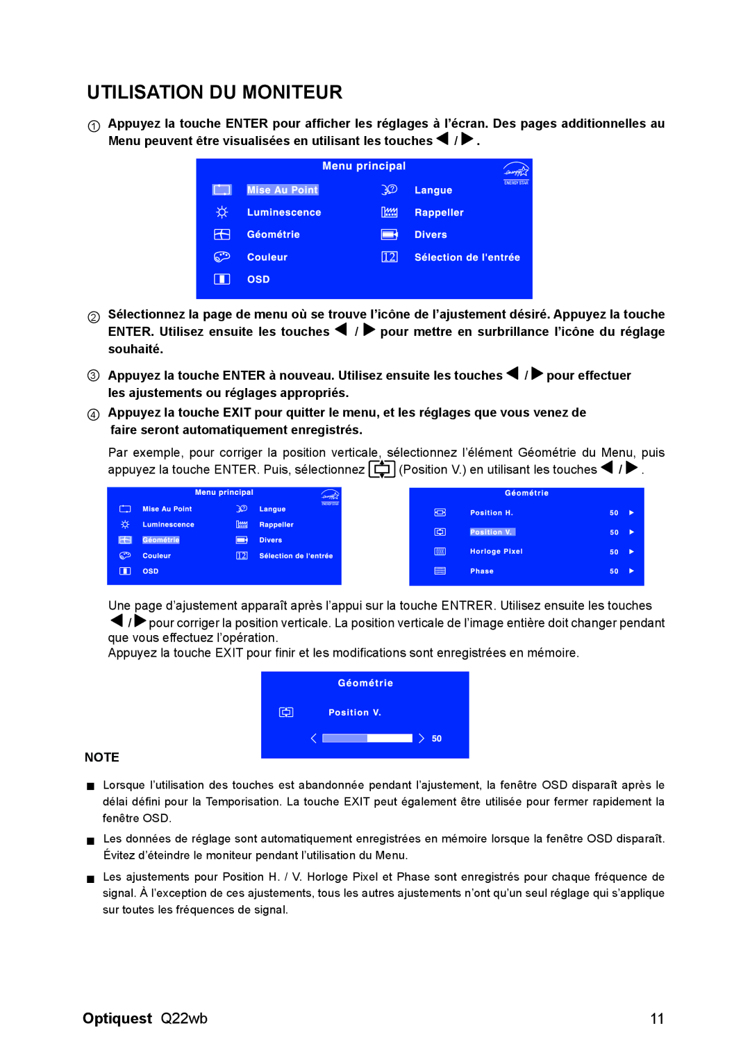 ViewSonic Q22WB manual Utilisation DU Moniteur 