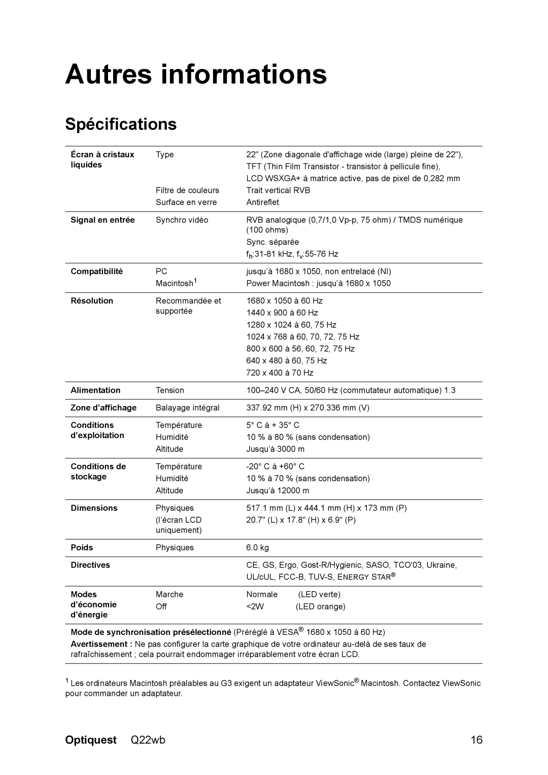 ViewSonic Q22WB manual Autres informations, Spécifications 