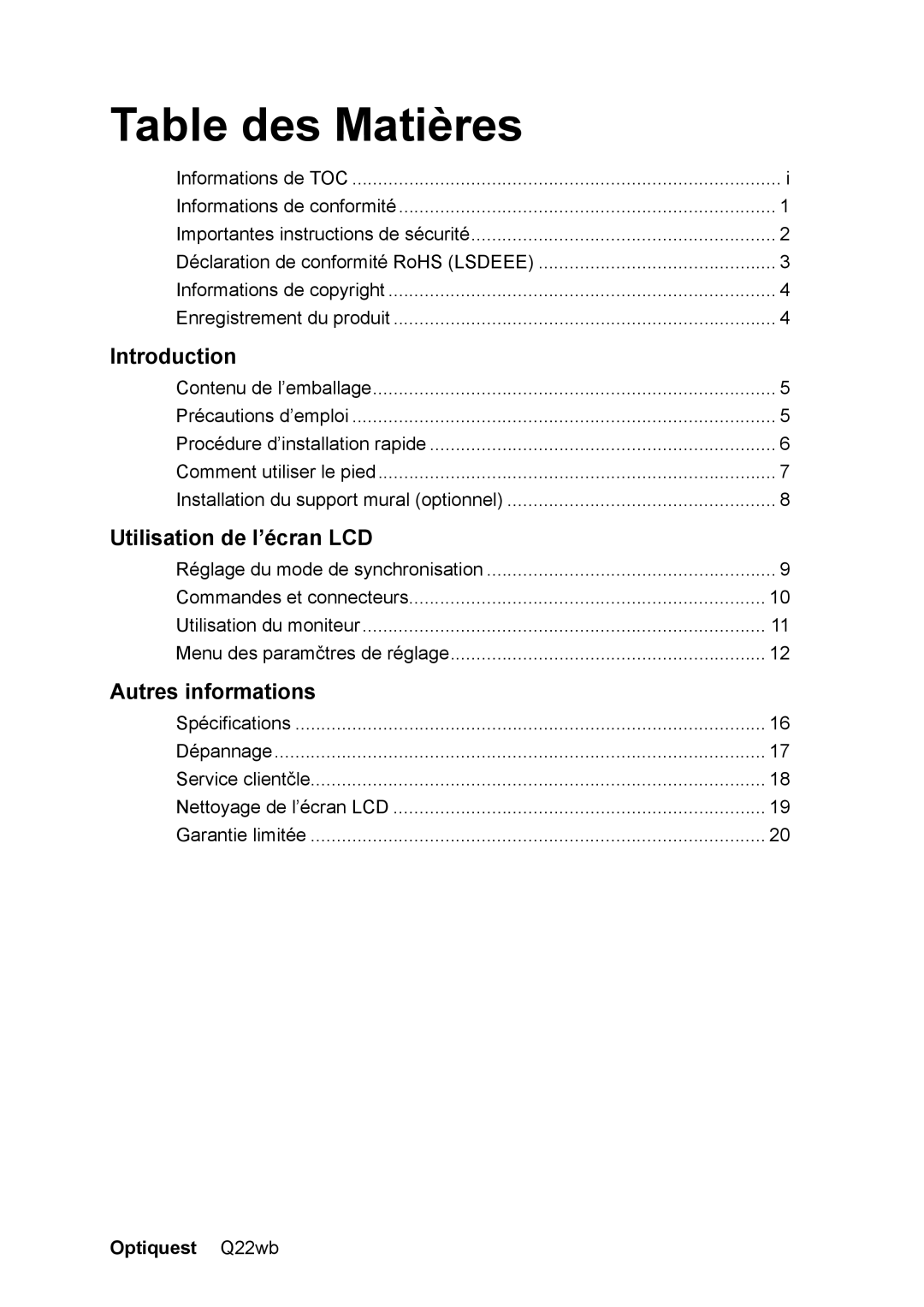 ViewSonic Q22WB manual Table des Matières, Optiquest Q22wb 