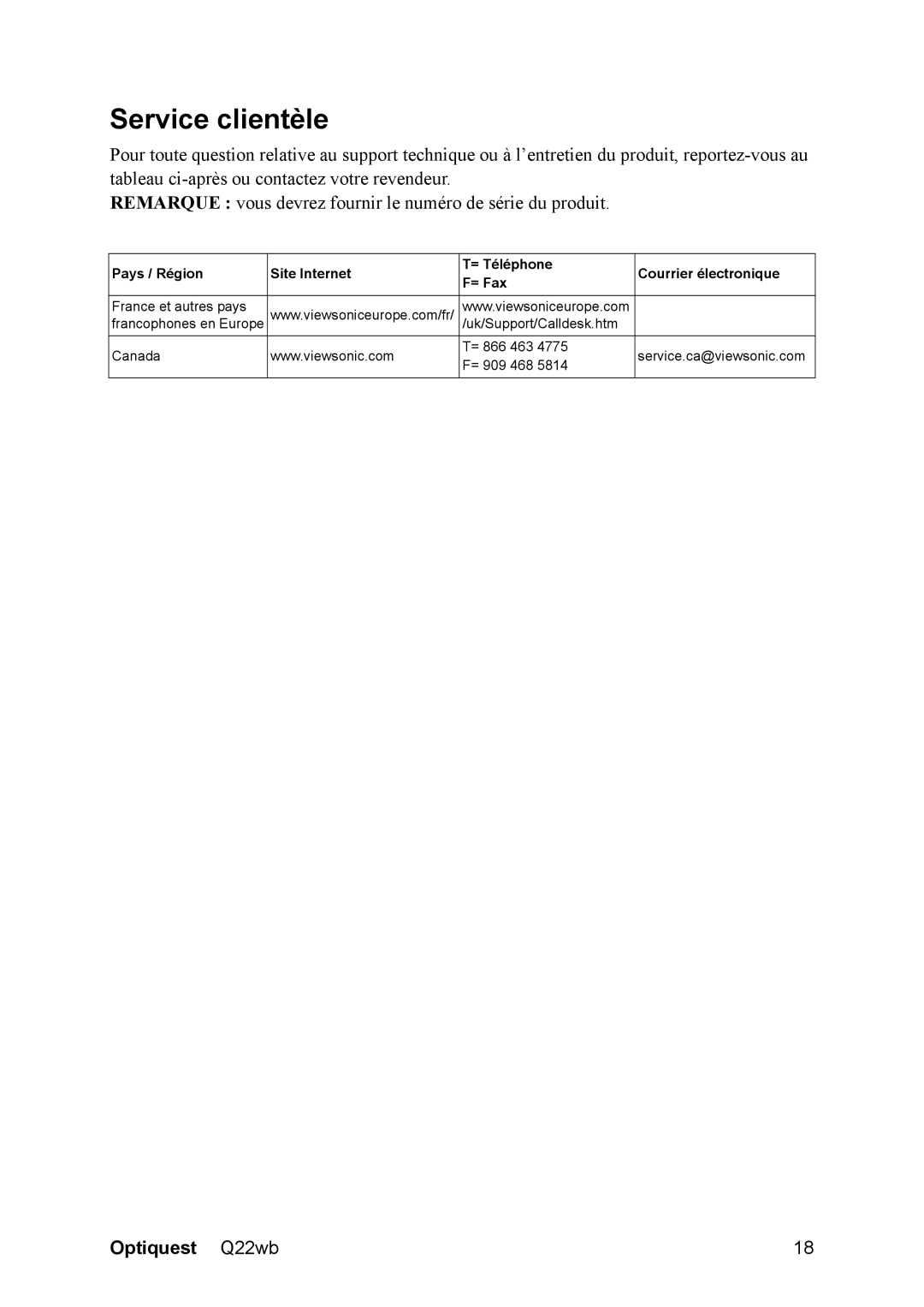 ViewSonic Q22WB manual Service clientèle 