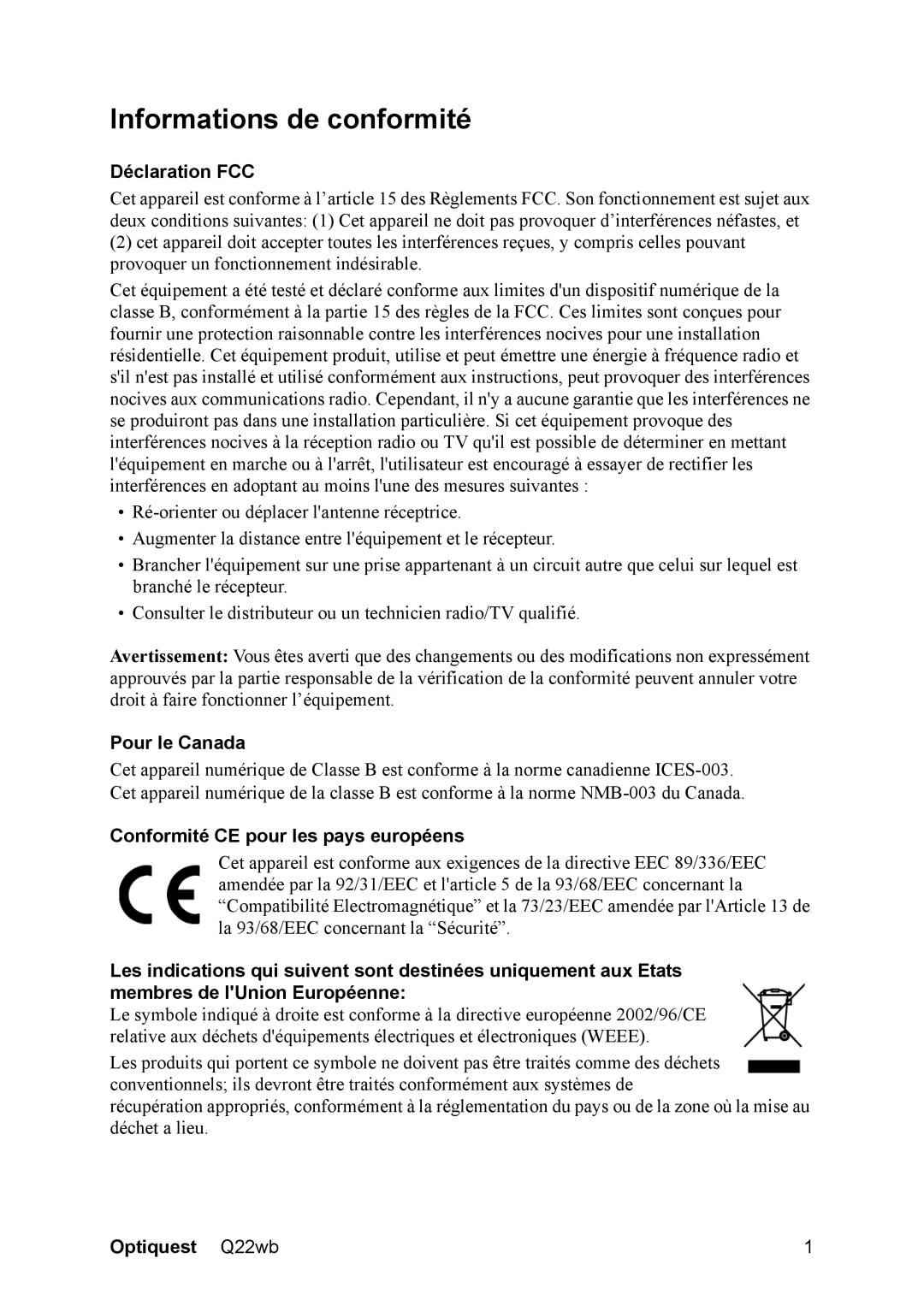 ViewSonic Q22WB manual Informations de conformité, Déclaration FCC, Pour le Canada, Conformité CE pour les pays européens 