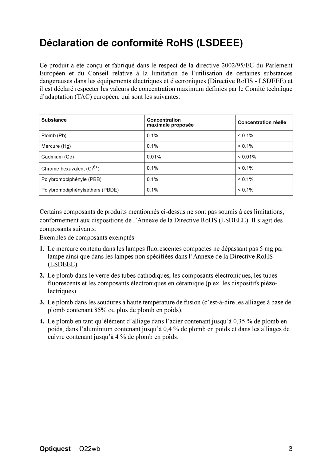 ViewSonic Q22WB manual Déclaration de conformité RoHS Lsdeee 