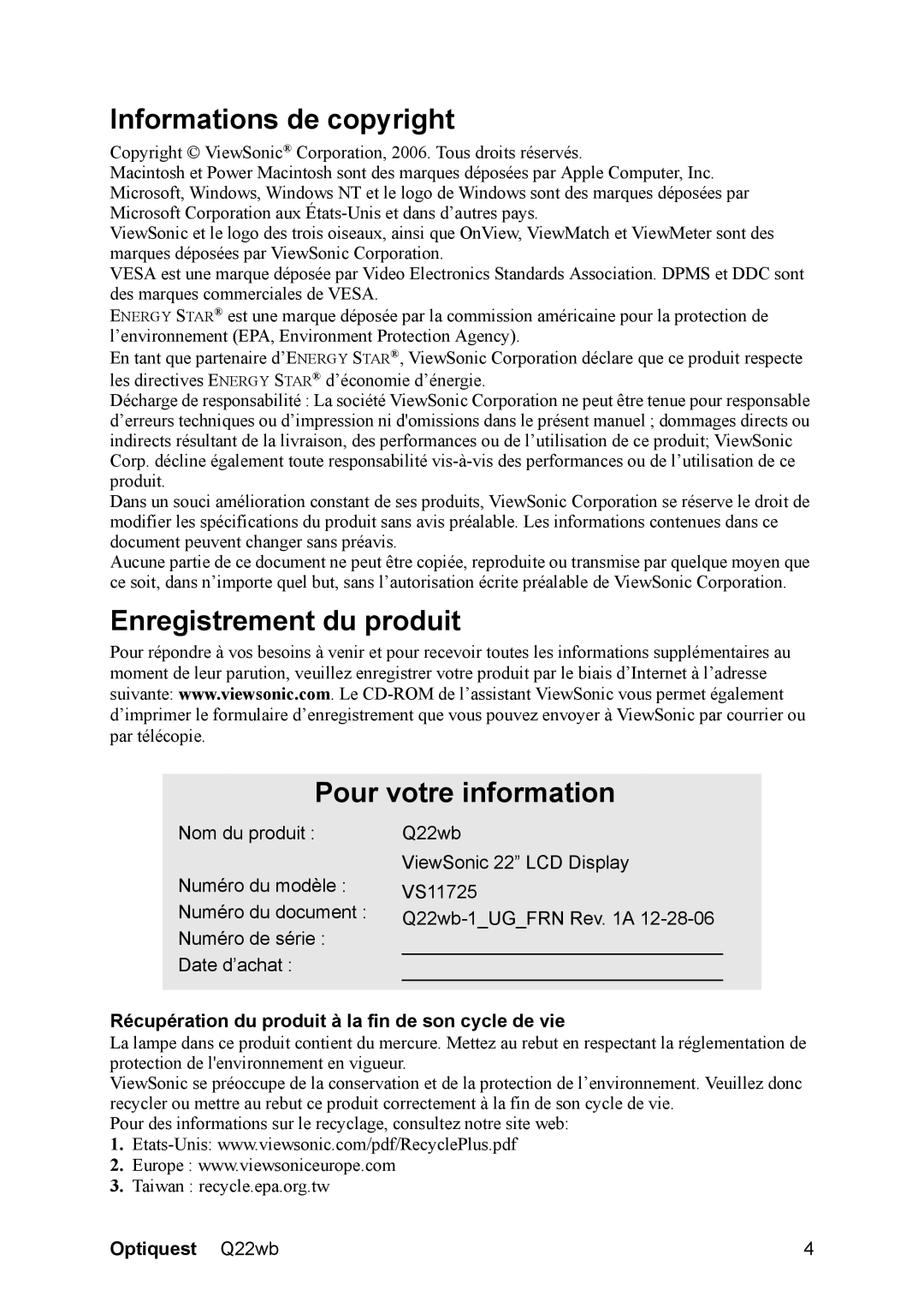 ViewSonic Q22WB manual Informations de copyright, Enregistrement du produit Pour votre information 