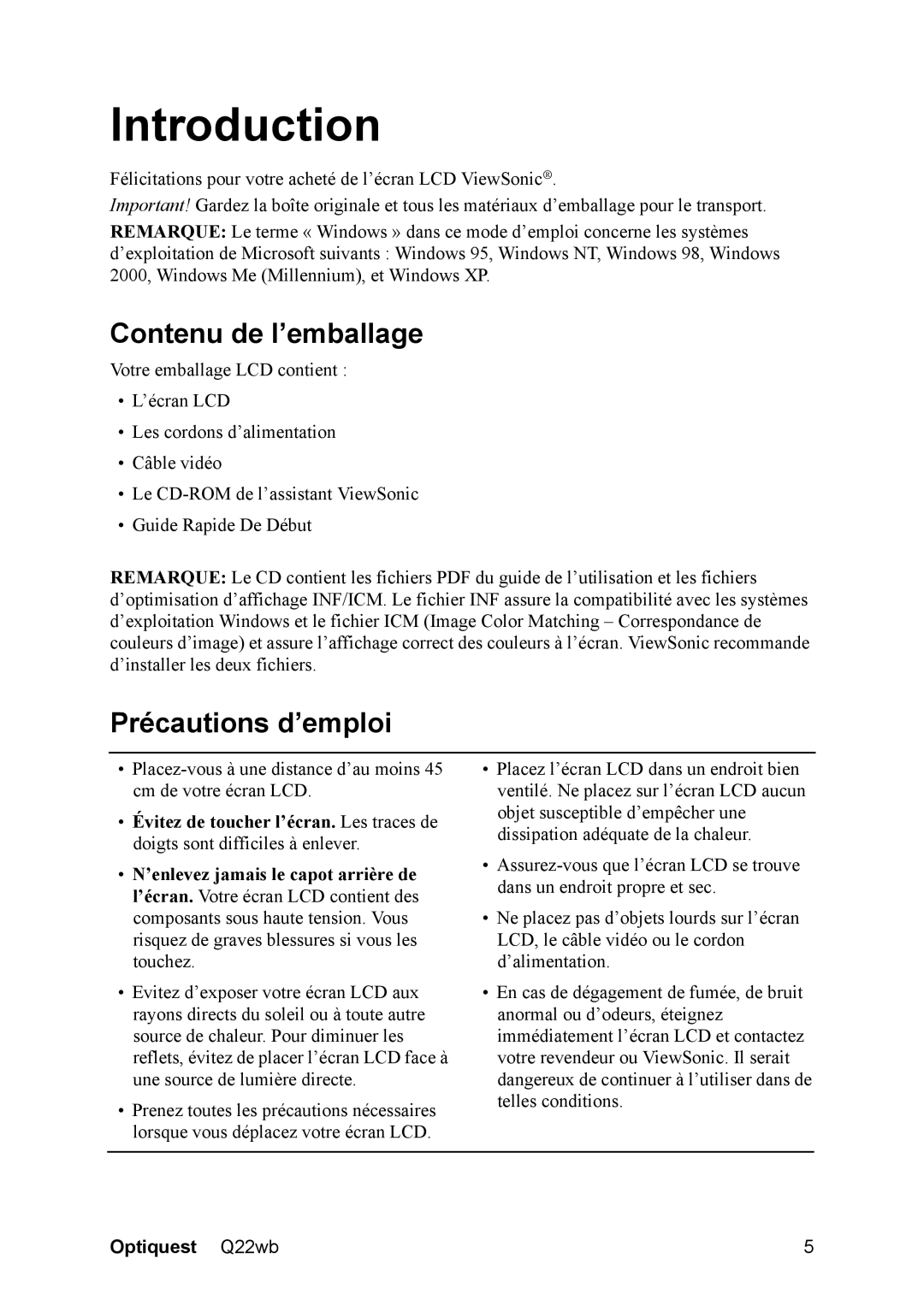 ViewSonic Q22WB manual Introduction, Contenu de l’emballage, Précautions d’emploi 