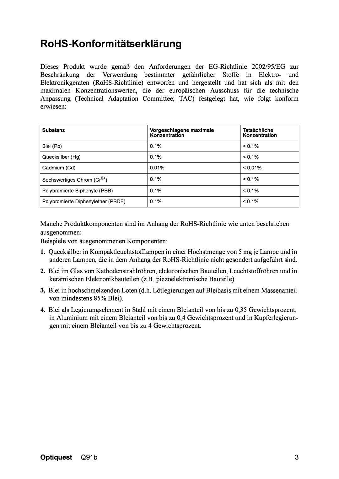 ViewSonic Q91B, VS12118 manual RoHS-Konformitätserklärung, Optiquest Q91b 